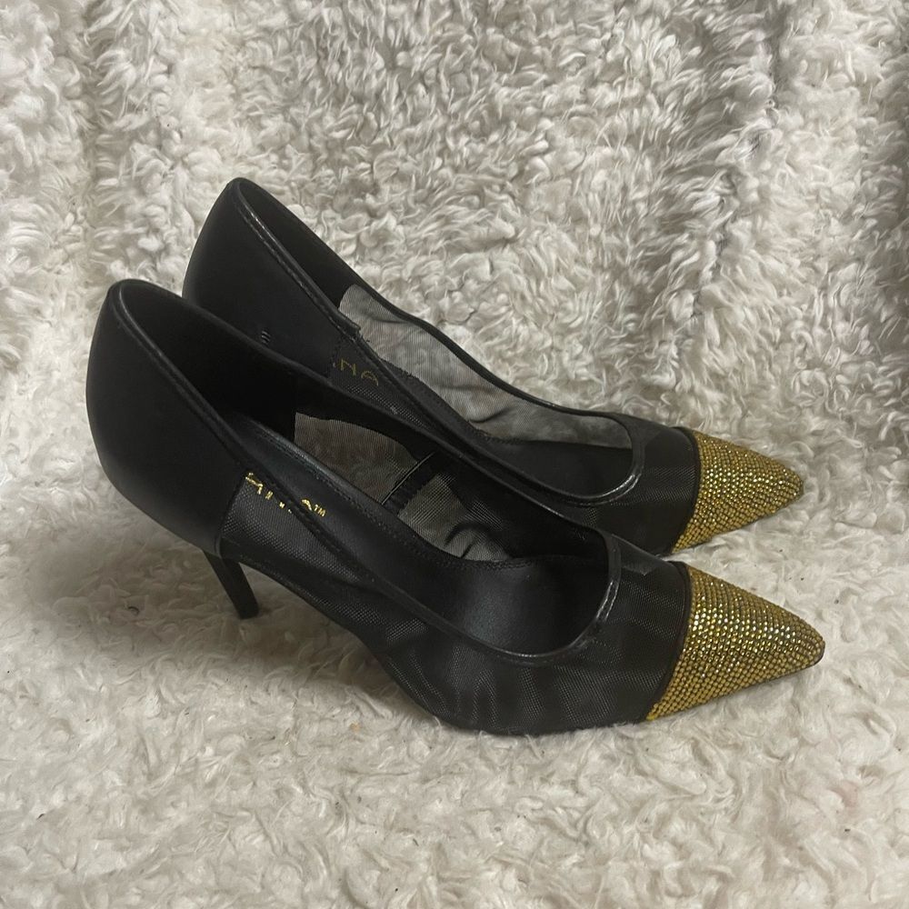Liliana synthetic Black mesh and Gold Rhinestones slip on Heels SZ11